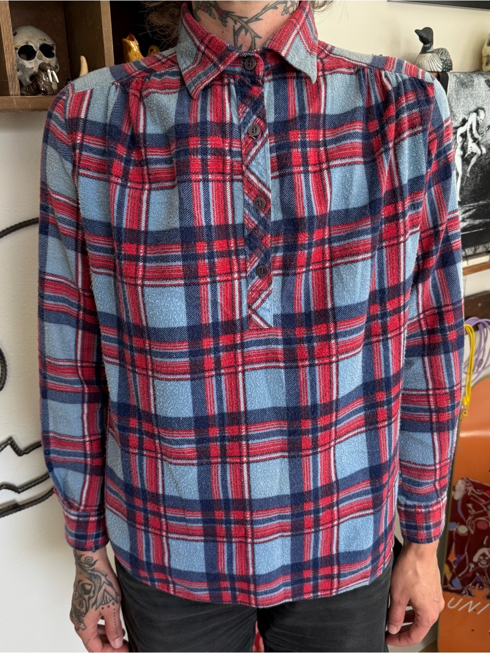 Vintage 60s Plaid Henley Flannel Miss Fashionality Workwear ~ Size Medium
